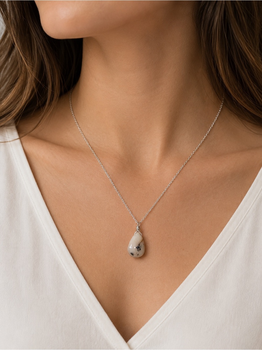 Pale Pink Dendritic Agate Pendant Necklace One of a Kind